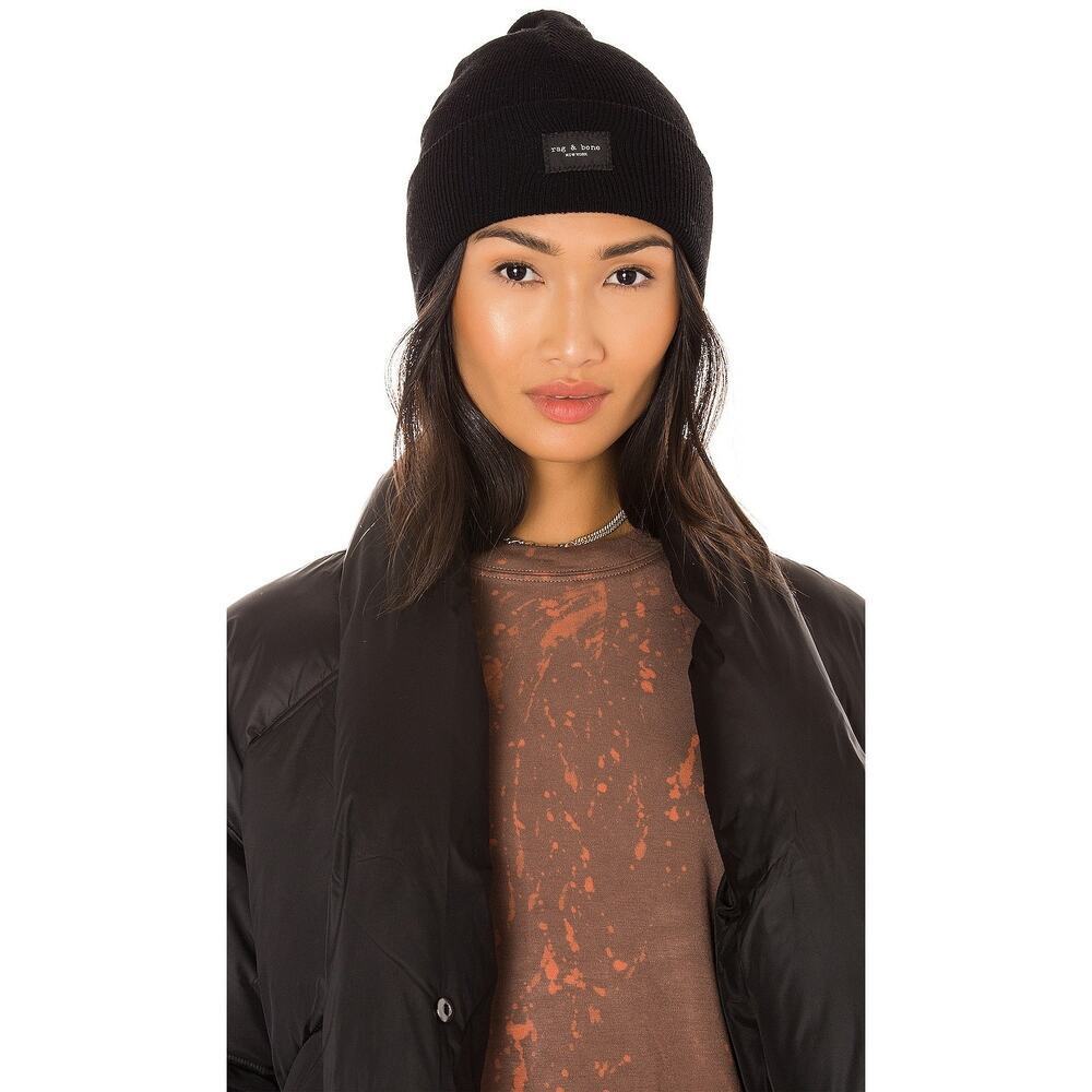 rag & bone Addison Black Rib Knit Beanie Wool Logo Patch Hat Quiet Luxury Apres